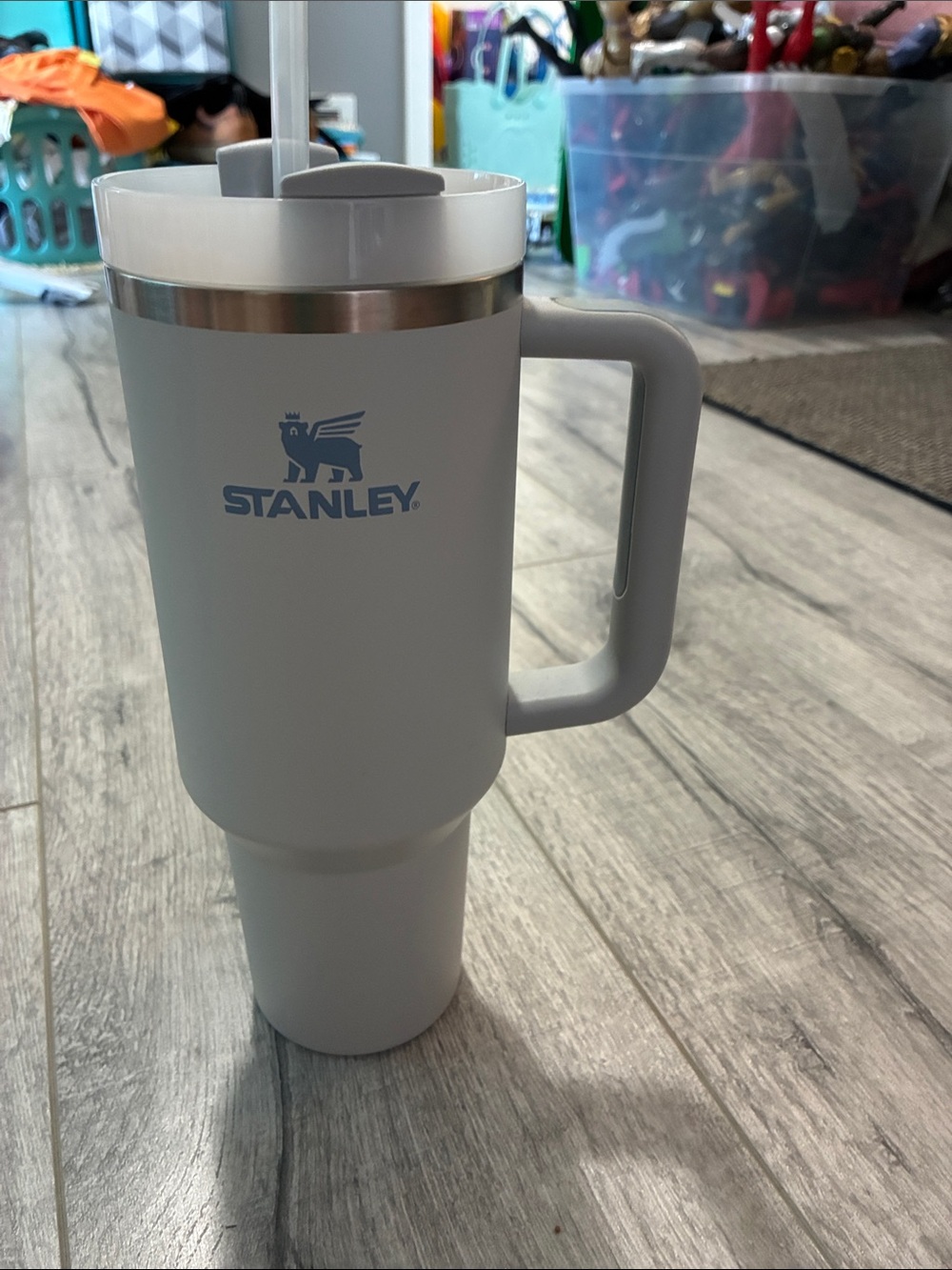 Stanley Light Grayish Blue Travel Mug with Handle and Blue Logo